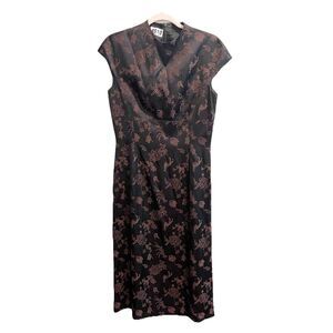 Vintage Satin Brocade Black Midi Dress Floral Cap Sleeve Asian S/M Whimsigoth